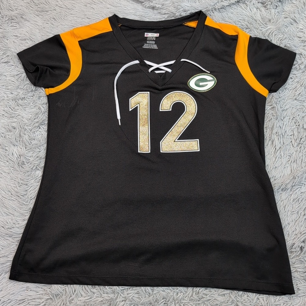 Green Bay Packers Shirt Womens XL Black NFL Aaron Rodgers Football V Neck
